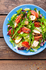 Vegetable salad with chicken meat. Salad with fresh vegetables and grilled chicken fillet
