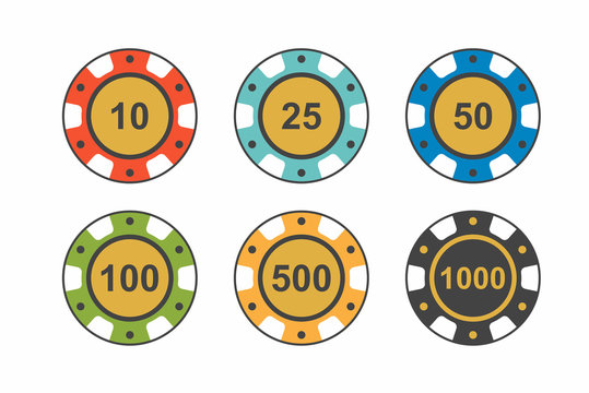 Colorful casino chips on white background. top view