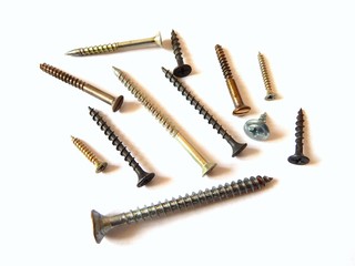 Dowels-Screws, wood screws and metal screws. Elements of fasteners.plugs, isolated on white background. Elements of fasteners. Dowels plugs for metal screws.