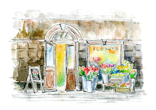 Flower shop window. Street sketch.Watercolor hand drawn illustration.