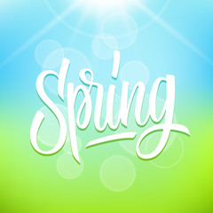 Handwritten inscription Spring on blurred background. Creative calligraphy for your seasonal design. Vector illustration.
