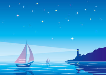 Vector evening seascape with sailboat, lighthouse and clear starry sky