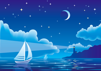 Vector night seascape with sailboat and lighthouse