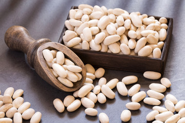 Organic white beans on the wooden spoon