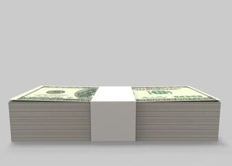 3d rendering. Side view of One Hundred USA Dollars bank notes stack on copy space gray background with clipping path.