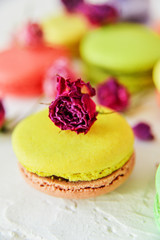 Delicate Fresh Colorful French Macaroons In Pastel Colors With Flowers Roses On A Light Textile Background