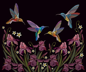Embroidery irises and birds. Beautiful spring purple irises and humming birds, clothes template, t-shirt design