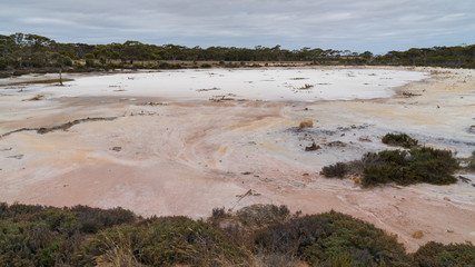 Landscape with salt lakes on an overcast day in Western Australia