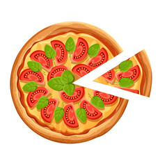 Pizza with slice. Margherita pizza with tomato, cheese, and oregano. Poster for design, restaurant, cafe, pizzeria. Vector illustration isolated with place for your text on white background