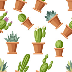 Seamless pattern of flower and decorative cactus. Home plants cactus in pots and with flowers. A variety of decorative floral. Cartoon style design. Vector illustration on white background