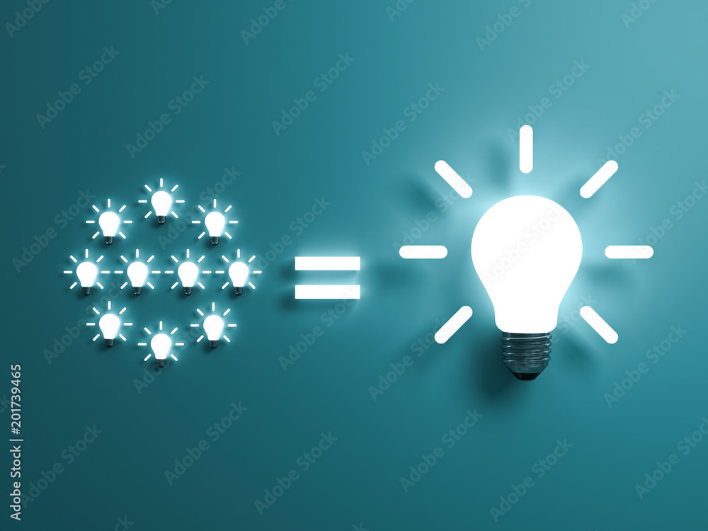 Poster small idea light bulbs to the big one idea on green background with shadow . 3d rendering.
