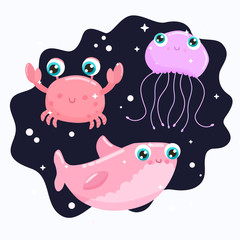 Cute sea animals vector illustration. flat design.
