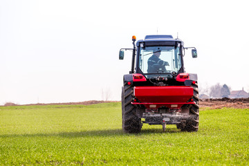 Farmer in tractor fertilizing wheat field at spring with npk