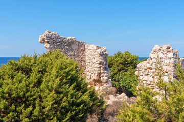 Ancient ruins on Skinari cape in sunny summer day. Zakynthos island, Greece