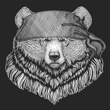 Grizzly bear Cool pirate, seaman, seawolf, sailor, biker animal for tattoo, t-shirt, emblem, badge, logo, patch. Image with motorcycle bandana
