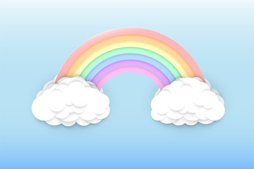 Pastel colors rainbow and clouds on a light blue sky background, colorful rainbow arc in a clear summer sky, paper cut or cartoon style vector illustration