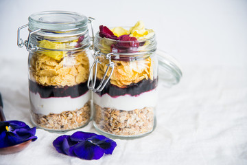 Zozh dessert: granola, yogurt, fresh berries and edible flowers in a glass jar, on a light background. The concept of proper nutrition and a healthy lifestyle.