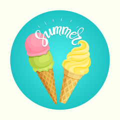 Two ice cream in a waffle cone. Lettering summer. Vector flat style illustration