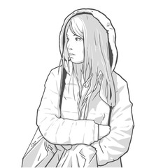 Illustration of young asian girl shopping in winter clothing, facing left