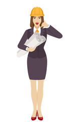 Businesswoman in construction helmet holding the project plans and showing a call me sign