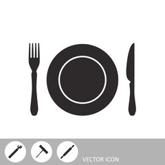 Plate, fork and knife. Cutlery icon. A set of icons in the style of flat design.