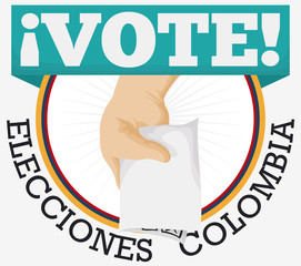 Campaign Button with Hand Depositing Vote for Colombian Elections, Vector Illustration