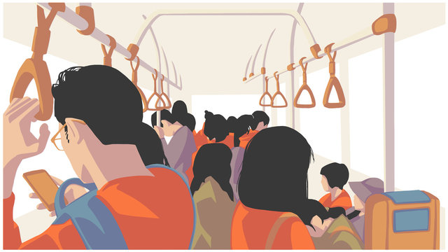 Illustration of people using public transport, bus, train, metro, subway