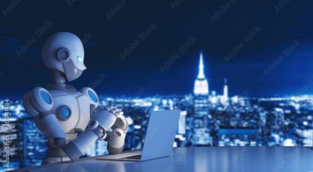 Poster robot using a laptop computer in city, artificial intelligence in futuristic technology concept, 3d 