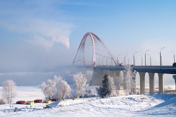 Bridge over river, Siberia. Ob river is one of the longest rivers in the world