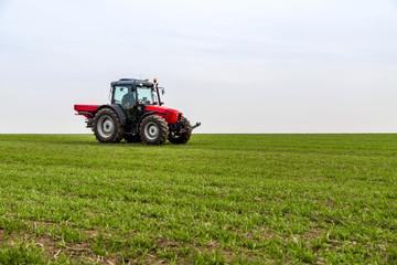 Obraz premium Farmer in tractor fertilizing wheat field at spring with npk