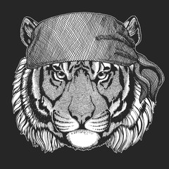Wild tiger Cool pirate, seaman, seawolf, sailor, biker animal for tattoo, t-shirt, emblem, badge, logo, patch. Image with motorcycle bandana