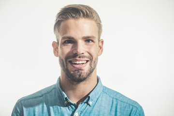 Positive emotions, feelings, facial expressions concept - happy cheerful fashionable bearded man...