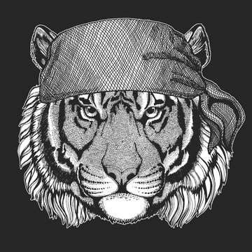 Wild tiger Cool pirate, seaman, seawolf, sailor, biker animal for tattoo, t-shirt, emblem, badge, logo, patch. Image with motorcycle bandana