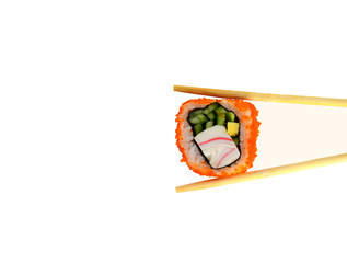 Sushi a dish of the traditional Japanese cuisine cooked from rice, caviar of a salmon and vegetables. The object isolated on a white background. Close up. Sushi hold wooden sticks
