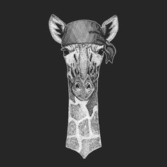 Camelopard, giraffe Cool pirate, seaman, seawolf, sailor, biker animal for tattoo, t-shirt, emblem, badge, logo, patch. Image with motorcycle bandana