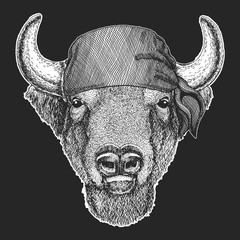 Buffalo, bison,ox, bull Cool pirate, seaman, seawolf, sailor, biker animal for tattoo, t-shirt, emblem, badge, logo, patch. Image with motorcycle bandana