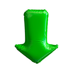 Green symbol arrow made of inflatable balloon isolated on white background.