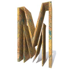 Conceptual old rusted metal font or type, iron or steel industry piece isolated white background. Educative rusty material, aged vintage surface, worn damaged paint as 3D illustration rough surface