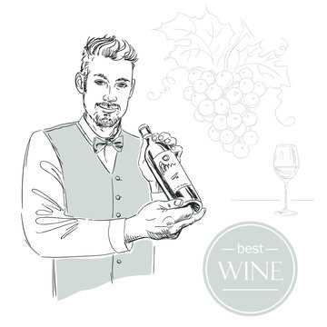 Sommelier, waiter, man holding bottle of wine, tasting wine