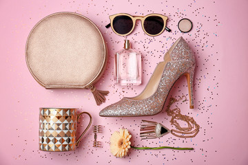 Flat lay composition with stylish accessories on color background