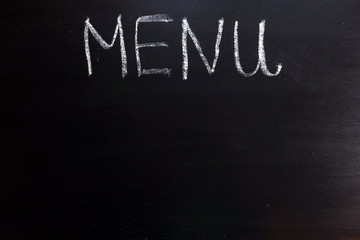 Menu word written on chalkboard, copy space for your design