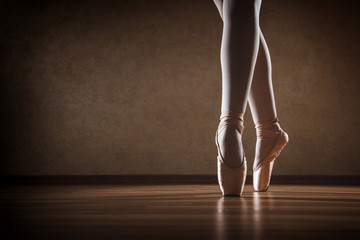 The girl in Pointe stands on the wooden floor in the contour light