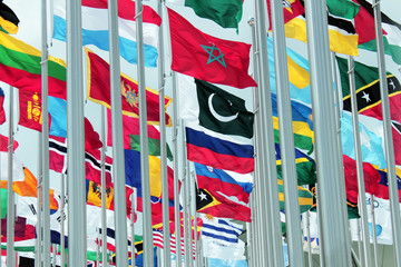 Bunch of Flags on the International Exhibition. National Flag of Russian Federation