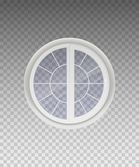 Closed round window with transparent glass in a white frame. Isolated on a transparent background. Vector