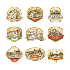 Labels with the image of a farms, fields and pastures.