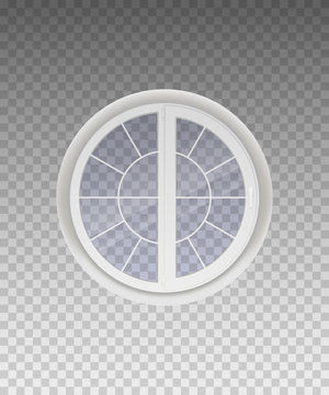 Closed Round Window With Transparent Glass In A White Frame. Isolated On A Transparent Background. Vector