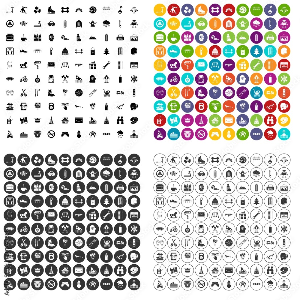 Poster 100 children activities icons set vector in 4 variant for any web design isolated on white