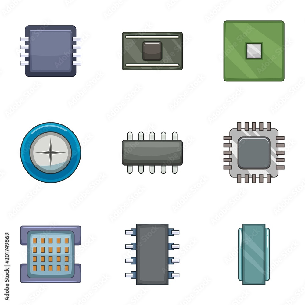 Poster microchip icons set. cartoon set of 9 microchip vector icons for web isolated on white background