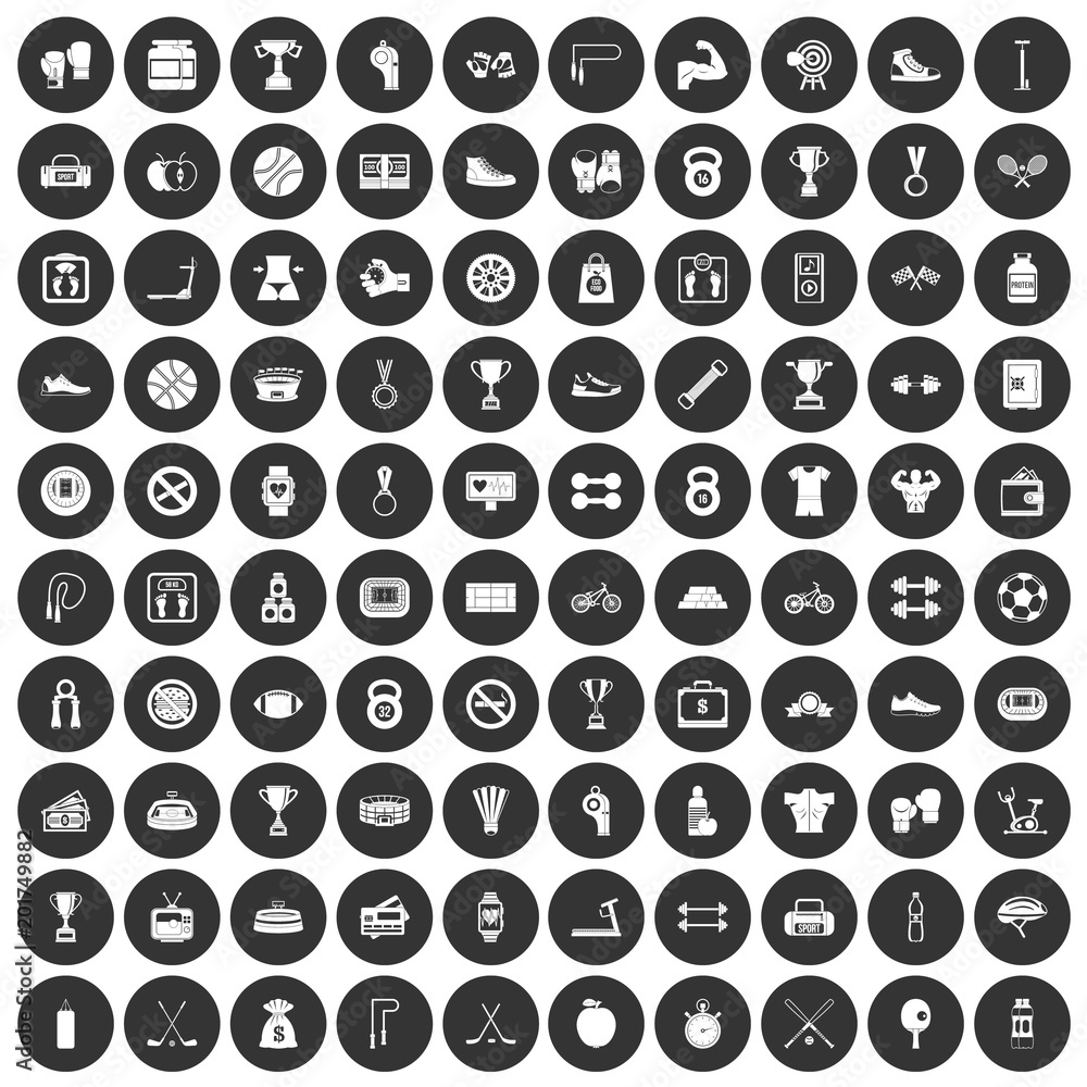 Aufkleber 100 boxing icons set in simple style white on black circle color isolated on white background vector