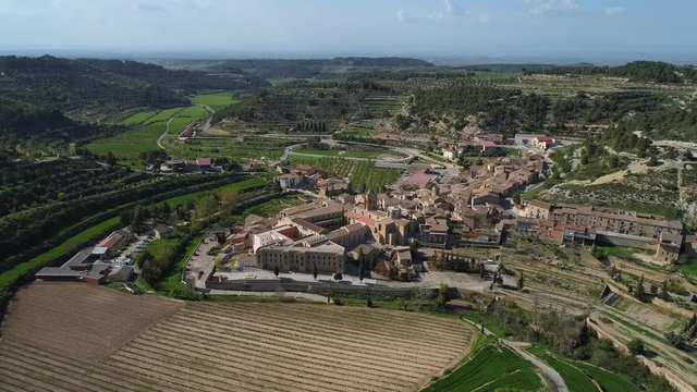 Aerial view of town Vallbona de les Monges Catalonia Spain